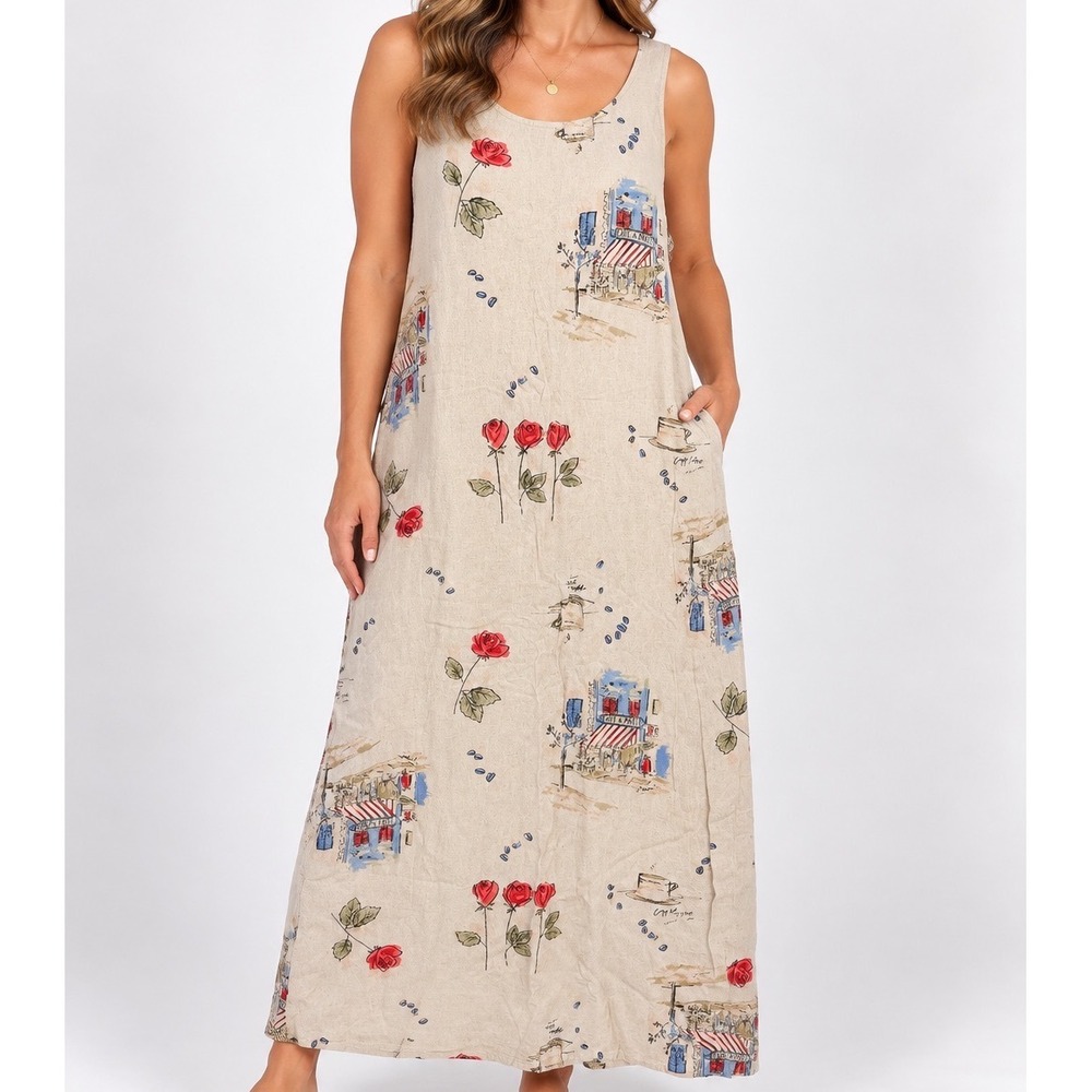 Vintage Linen Blend Maxi Dress Paris Cafe Rose Print Cottagecore Large Artsy